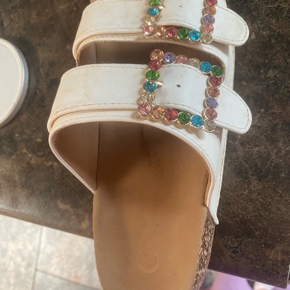 Shoes - Women's White Sandals with Multicolor Gem Accents